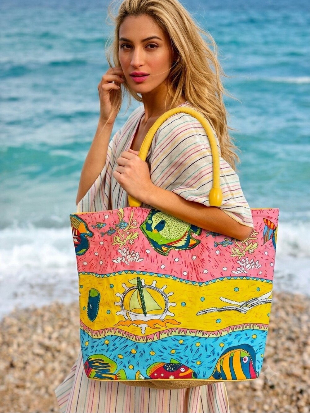 Large Tropical Vibrant Yellow Sequined Beach Tote Bag 15 x 15